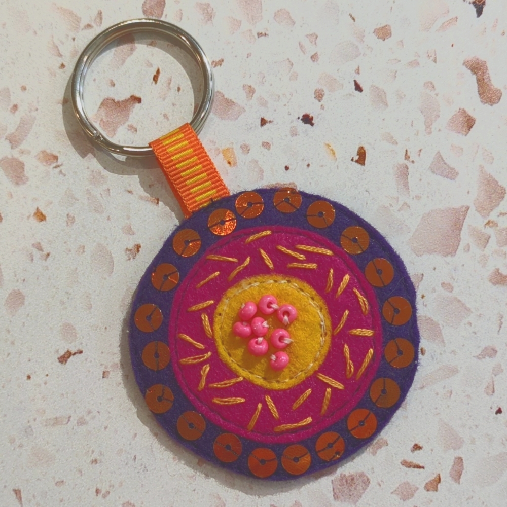 "Beautiful Inside & Out" Key Tag Handcrafted Sequins Beads Embroidery | New #2